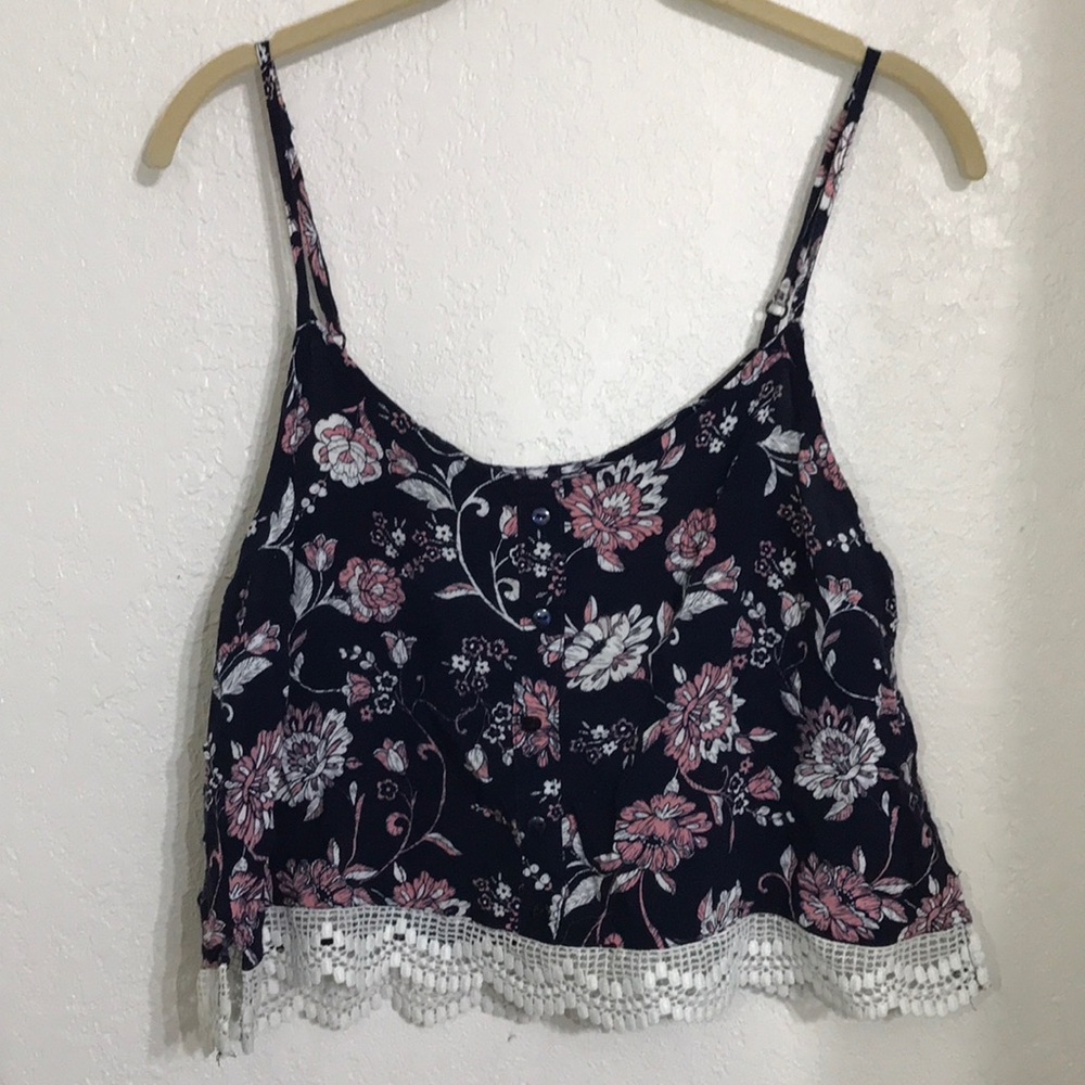 Blue/pink/white button down crop top